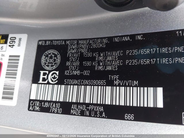 Aukcja sprzedaży 2022 Toyota Sienna Xle 8-passenger, vin: 5TDGRKEC6NS090665, numer aukcji: 40092247