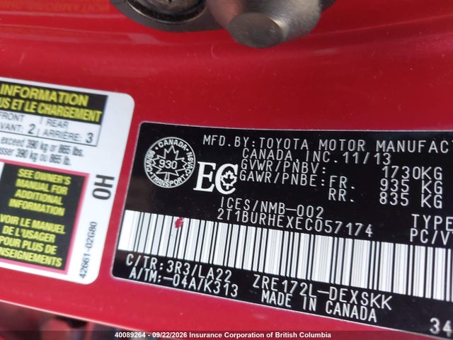 40089264 :رقم المزاد ، 2T1BURHEXEC057174 vin ، 2014 Toyota Corolla L/le/le Pls/prm/s/s Pls مزاد بيع