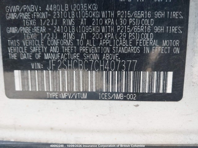 40092248 :رقم المزاد ، JF2SHCBC7CH407377 vin ، 2012 Subaru Forester 2.5x مزاد بيع
