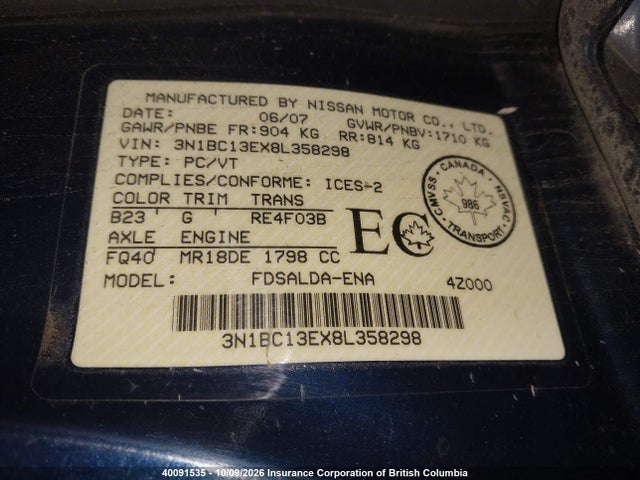 40091535 :رقم المزاد ، 3N1BC13EX8L358298 vin ، 2008 Nissan Versa S/sl مزاد بيع
