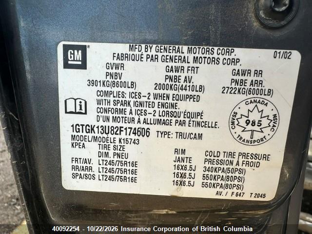 Aukcja sprzedaży 2002 Gmc Sierra K1500 Heavy Duty, vin: 1GTGK13U82F174606, numer aukcji: 40092254