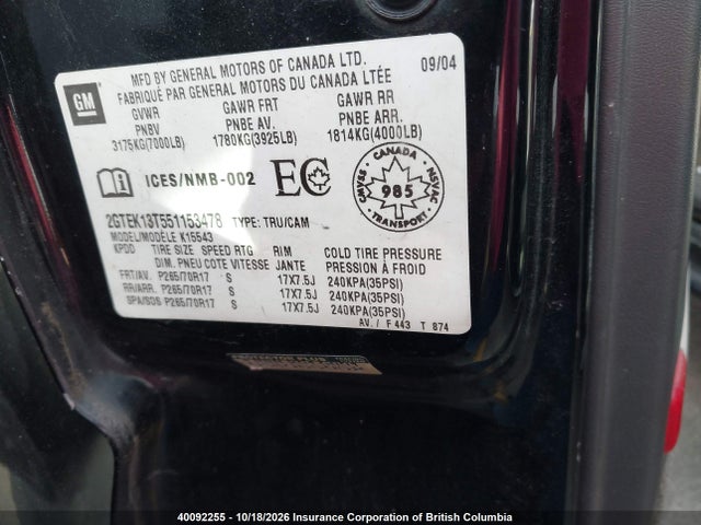 Продаж на аукціоні авто 2005 Gmc New Sierra K1500, vin: 2GTEK13T551153478, номер лоту: 40092255
