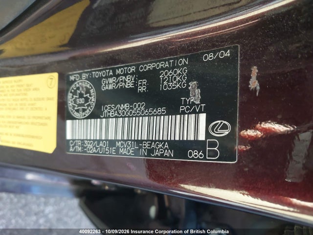 Auction sale of the 2005 Lexus Es330, vin: JTHBA30G055065685, lot number: 40092263