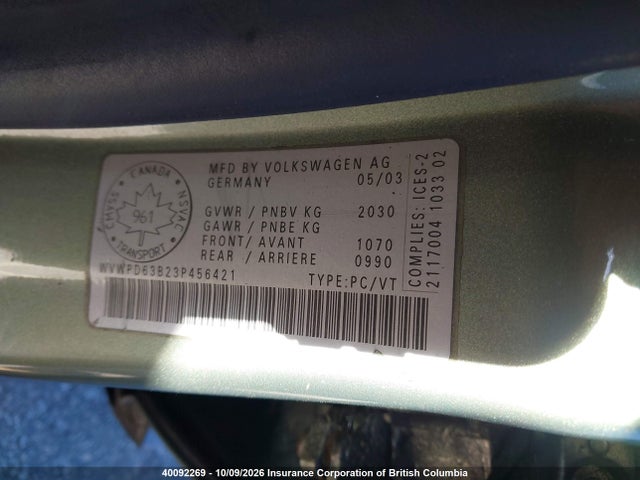 Продажа на аукционе авто 2003 Volkswagen Passat Gls, vin: WVWPD63B23P456421, номер лота: 40092269