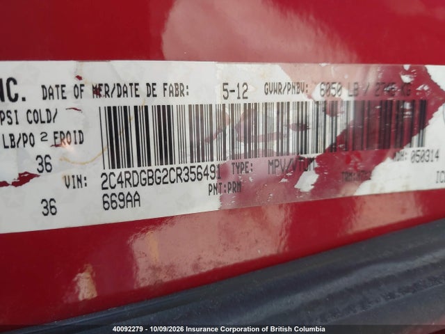 2012 Dodge Grand Caravan Se/sxt მანქანა იყიდება აუქციონზე, vin: 2C4RDGBG2CR356491, აუქციონის ნომერი: 40092279
