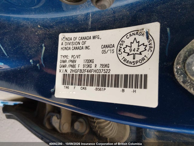 Продаж на аукціоні авто 2015 Honda Civic, vin: 2HGFB2F44FH037522, номер лоту: 40092280