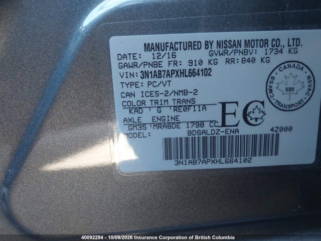 40092294 :رقم المزاد ، 3N1AB7APXHL664102 vin ، 2017 Nissan Sentra S/sv/sr/sl مزاد بيع