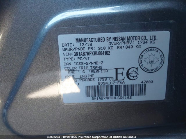 40092294 :رقم المزاد ، 3N1AB7APXHL664102 vin ، 2017 Nissan Sentra S/sv/sr/sl مزاد بيع