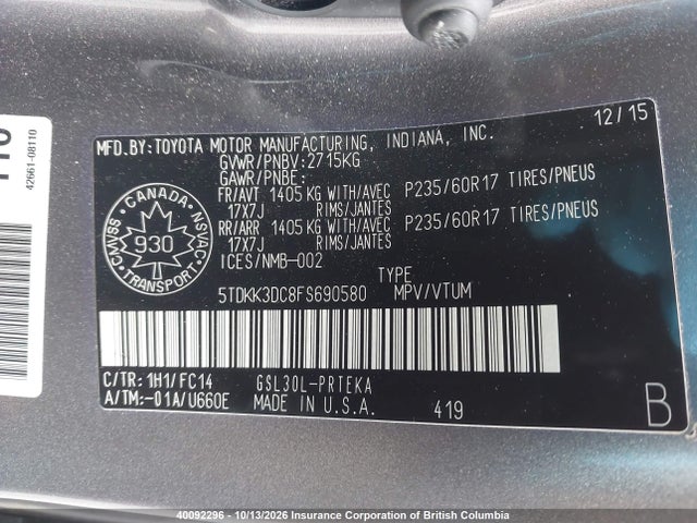 Продаж на аукціоні авто 2015 Toyota Sienna Le 8 Passenger, vin: 5TDKK3DC8FS690580, номер лоту: 40092296
