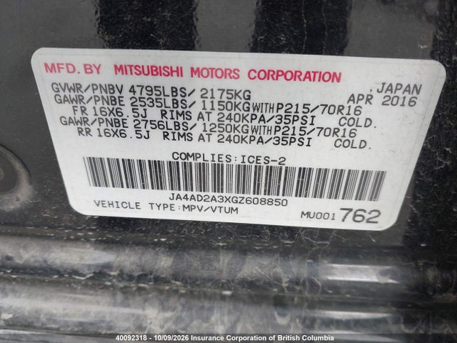Aukcja sprzedaży 2016 Mitsubishi Outlander Es, vin: JA4AD2A3XGZ608850, numer aukcji: 40092318