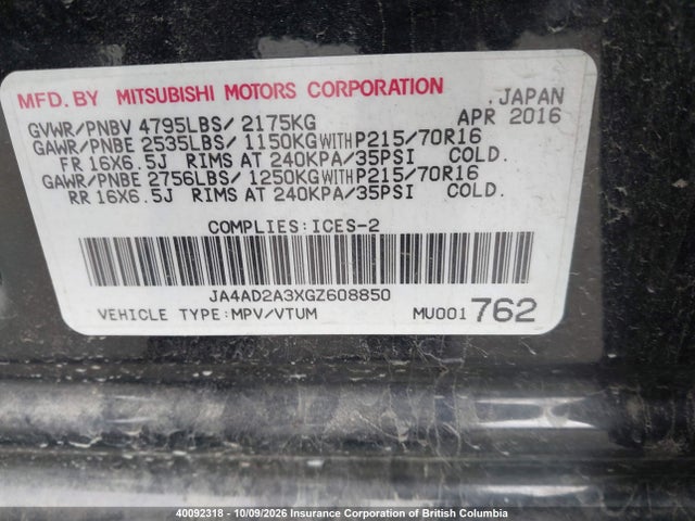 Aukcja sprzedaży 2016 Mitsubishi Outlander Es, vin: JA4AD2A3XGZ608850, numer aukcji: 40092318