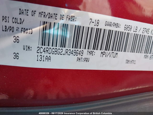 40088326 :رقم المزاد ، 2C4RDGBG2JR349649 vin ، 2018 Dodge Grand Caravan Se مزاد بيع