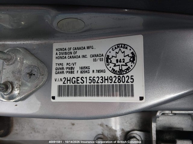 40091581 :رقم المزاد ، 2HGES15623H928025 vin ، 2003 Honda Civic Lx مزاد بيع