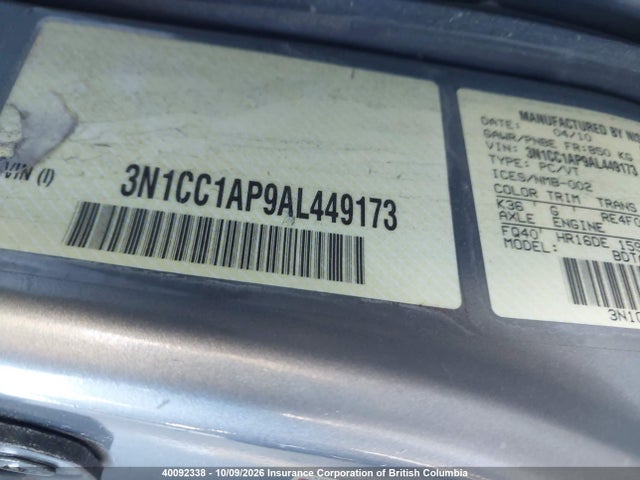 40092338 :رقم المزاد ، 3N1CC1AP9AL449173 vin ، 2010 Nissan Versa مزاد بيع