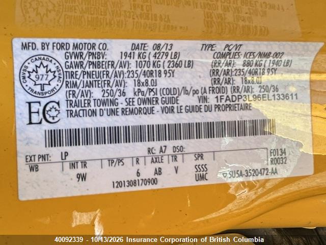 40092339 :رقم المزاد ، 1FADP3L96EL133611 vin ، 2014 Ford Focus مزاد بيع