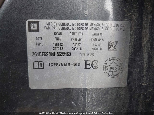 Aukcja sprzedaży 2017 Chevrolet Cruze, vin: 3G1BF6SM4HS522153, numer aukcji: 40092343