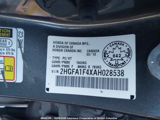 Aukcja sprzedaży 2010 Honda Civic, vin: 2HGFA1F4XAH028538, numer aukcji: 40092355