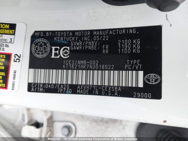 2022 Toyota Camry მანქანა იყიდება აუქციონზე, vin: 4T1B21HK7NU018022, აუქციონის ნომერი: 40092356