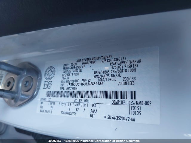 Продаж на аукціоні авто 2020 Ford Escape Sel, vin: 1FMCU0H63LUB21186, номер лоту: 40092357