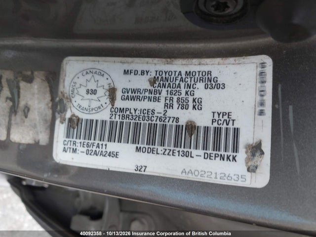 Aukcja sprzedaży 2003 Toyota Corolla Ce/le/sport, vin: 2T1BR32E03C762778, numer aukcji: 40092358