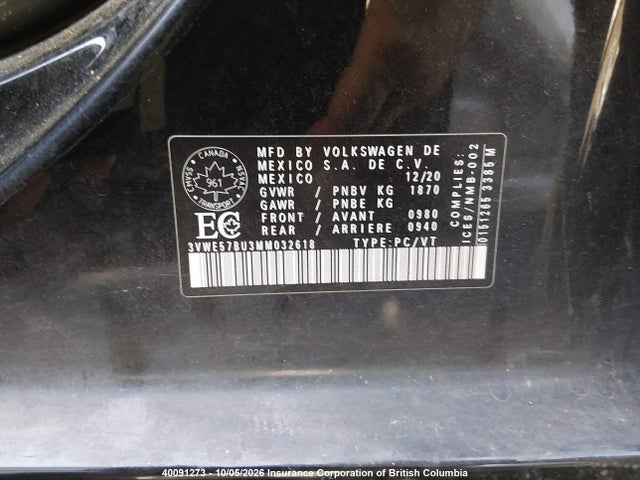 40091273 :رقم المزاد ، 3VWE57BU3MM032618 vin ، 2021 Volkswagen Jetta Sel مزاد بيع