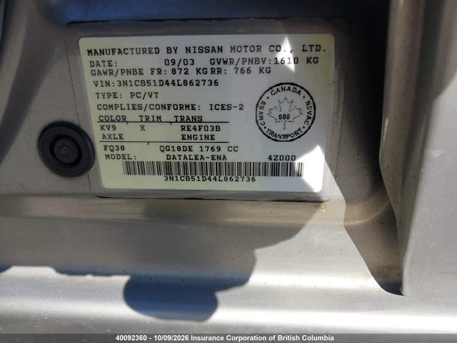 2004 Nissan Sentra 1.8/1.8s მანქანა იყიდება აუქციონზე, vin: 3N1CB51D44L862736, აუქციონის ნომერი: 40092360