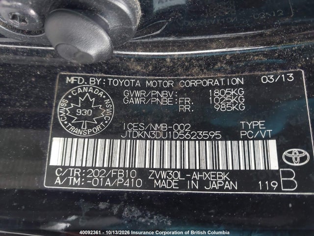Aukcja sprzedaży 2013 Toyota Prius, vin: JTDKN3DU1D5623595, numer aukcji: 40092361