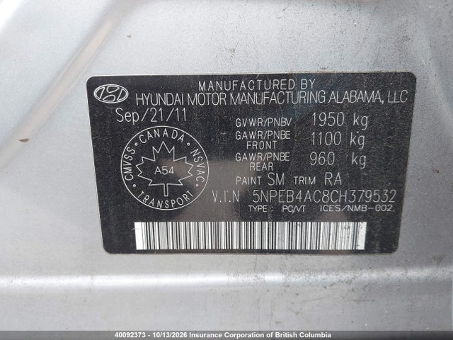 Продажа на аукционе авто 2012 Hyundai Sonata Gls, vin: 5NPEB4AC8CH379532, номер лота: 40092373
