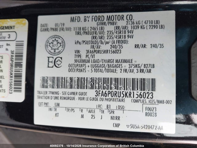 40092376 :رقم المزاد ، 3FA6P0RU5KR156023 vin ، 2019 Ford Fusion Hybrid Titanium مزاد بيع