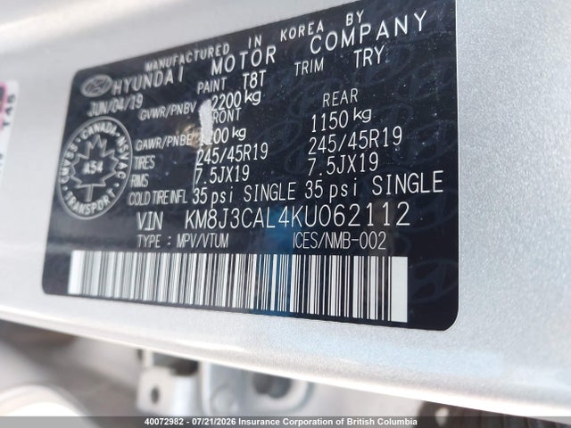 KM8J3CAL4KU062112 Hyundai Tucson Limited/sel/sport/ultimate/value/night