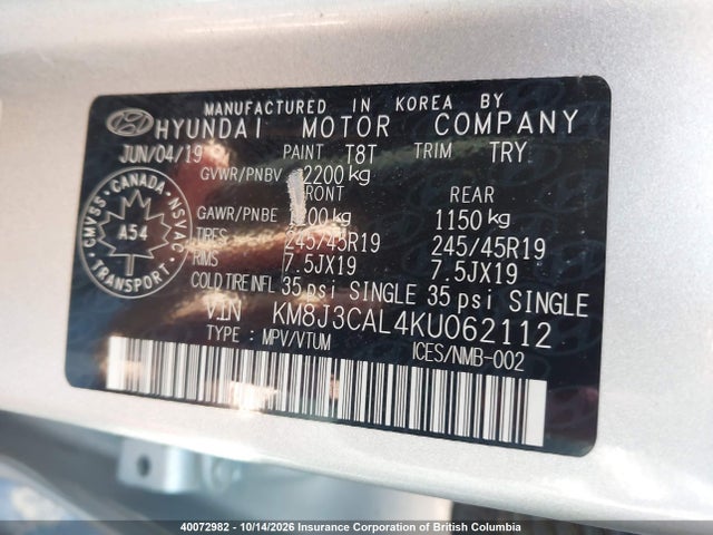 KM8J3CAL4KU062112 Hyundai Tucson Limited/sel/sport/ultimate/value/night