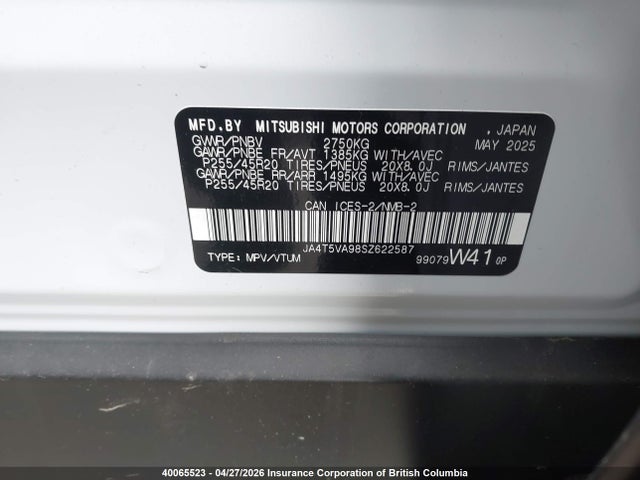 40065523 :رقم المزاد ، JA4T5VA98SZ622587 vin ، 2025 Mitsubishi Outlander Phev Le/se/sel S-awc مزاد بيع