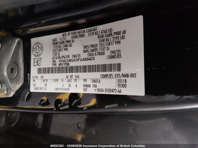 40092383 :رقم المزاد ، 1FMCU9GX3FUA69433 vin ، 2015 Ford Escape Se مزاد بيع