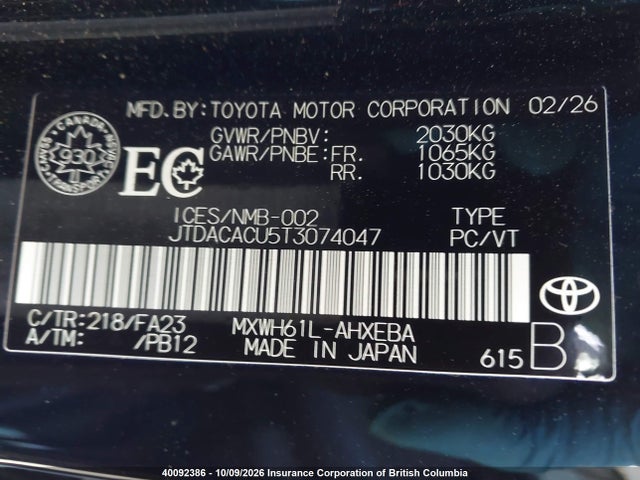 Продаж на аукціоні авто 2026 Toyota Prius, vin: JTDACACU5T3074047, номер лоту: 40092386