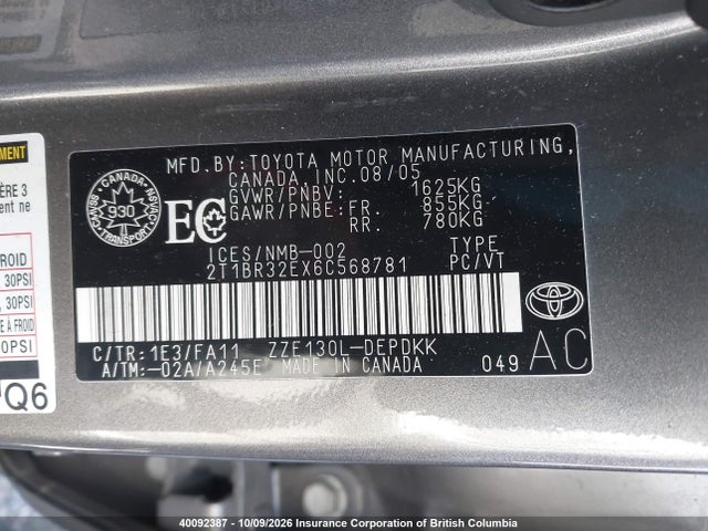 Aukcja sprzedaży 2006 Toyota Corolla Ce/le/s, vin: 2T1BR32EX6C568781, numer aukcji: 40092387