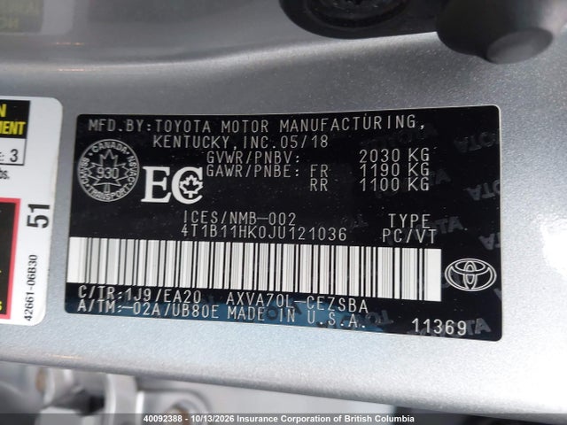 40092388 :رقم المزاد ، 4T1B11HK0JU121036 vin ، 2018 Toyota Camry مزاد بيع