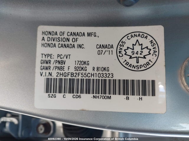 40092390 :رقم المزاد ، 2HGFB2F55CH103323 vin ، 2012 Honda Civic مزاد بيع