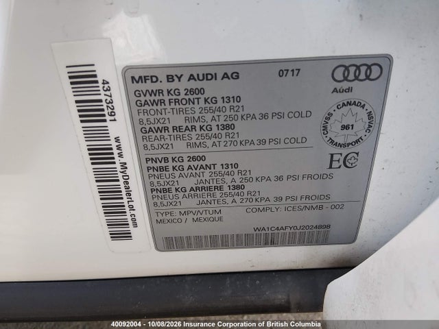 Auction sale of the 2018 Audi Sq5 Prestige, vin: WA1C4AFY0J2024898, lot number: 40092004