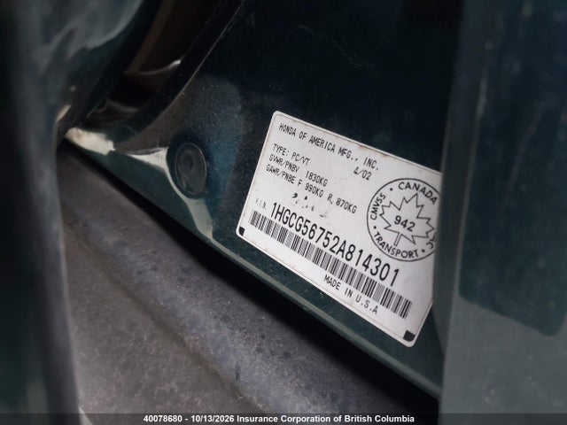 2002 Honda Accord Se მანქანა იყიდება აუქციონზე, vin: 1HGCG56752A814301, აუქციონის ნომერი: 40078680