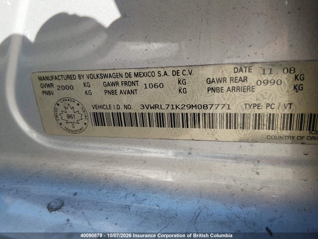 40090879 :رقم المزاد ، 3VWRL71K29M087771 vin ، 2009 Volkswagen Jetta Tdi مزاد بيع