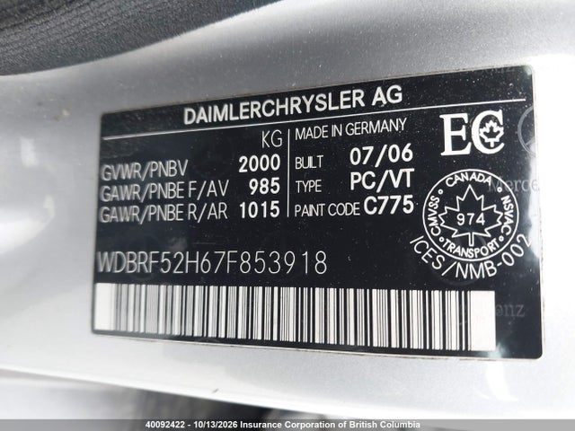 40092422 :رقم المزاد ، WDBRF52H67F853918 vin ، 2007 Mercedes-benz C 230 مزاد بيع