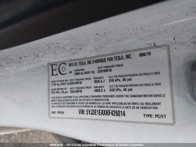 Tesla MODEL 3 2019 5YJ3E1EAXKF426014 Image 9