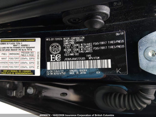 JTEBU5JR6K5725305 Toyota 4runner Sr5/sr5 Premium/limited/limited Night Shade/trd Off Road/trd Off Road Premium/trd Pro
