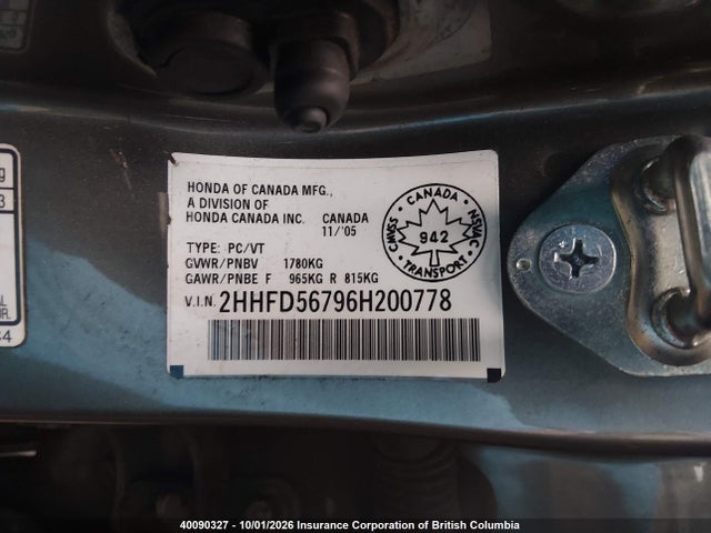 40090327 :رقم المزاد ، 2HHFD56796H200778 vin ، 2006 Acura Csx Premium مزاد بيع