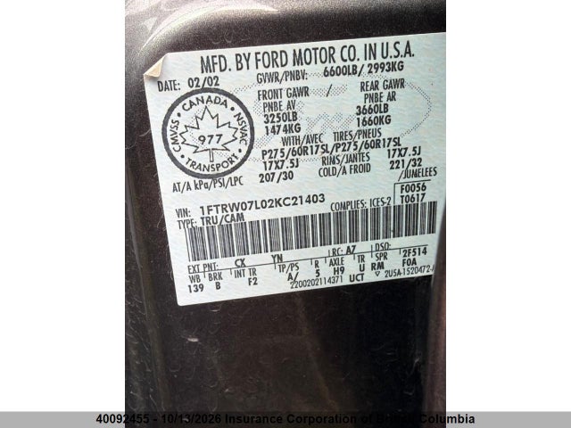 2002 Ford F150 მანქანა იყიდება აუქციონზე, vin: 1FTRW07L02KC21403, აუქციონის ნომერი: 40092455