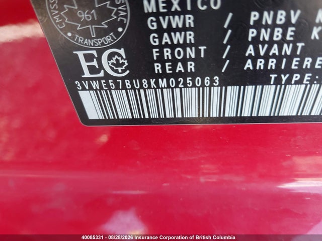 40085331 :رقم المزاد ، 3VWE57BU8KM025063 vin ، 2019 Volkswagen Jetta Sel مزاد بيع