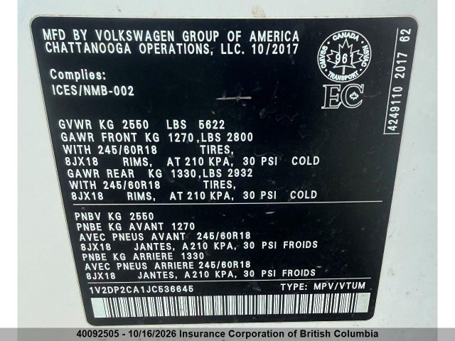1V2DP2CA1JC536645 Volkswagen Atlas