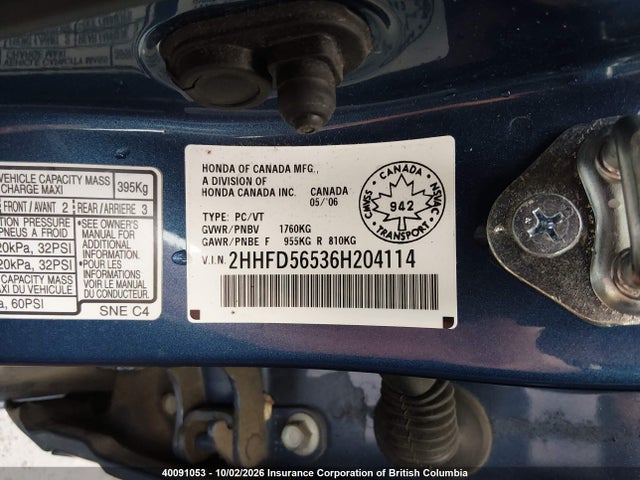 Продаж на аукціоні авто 2006 Acura Csx Touring, vin: 2HHFD56536H204114, номер лоту: 40091053