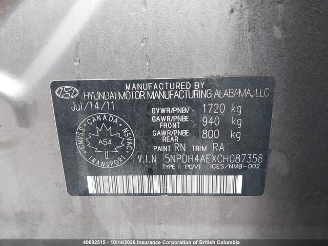 Aukcja sprzedaży 2012 Hyundai Elantra Gls/limited, vin: 5NPDH4AEXCH087358, numer aukcji: 40092515