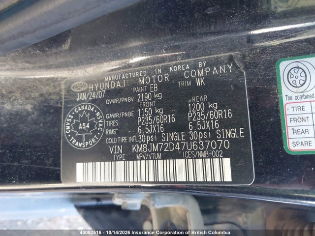 Auction sale of the 2007 Hyundai Tucson Gl/gls, vin: KM8JM72D47U637070, lot number: 40092516